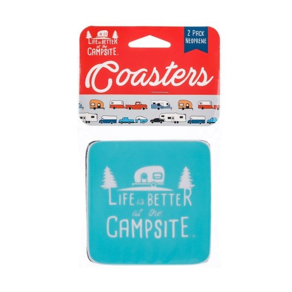 Camco LIFE IS BETTER AT THE CAMPSITE COASTERS, NEOPRENE, LIFE IS BETTER AT THE CAMPSITE BLUE DESIGN 53230 - main